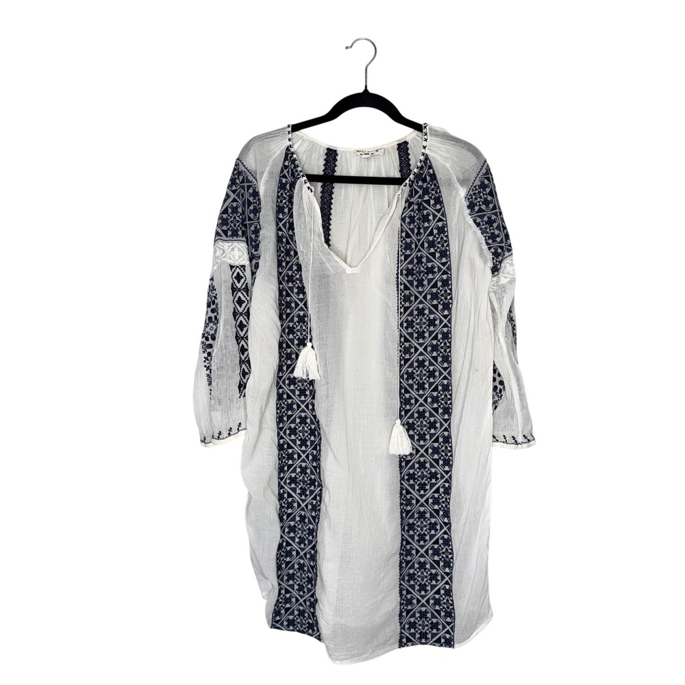 Nili Lotan Embroidered Tunic Women Small White Navy Excellent Boho Tassel Gauze